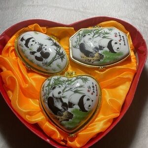 Ceramic Panda Trinket Boxes Set with Heart Shaped Box